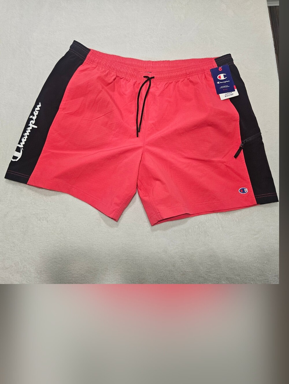 Champion Coral Athletic Shorts with Black Side Panels and Drawstring